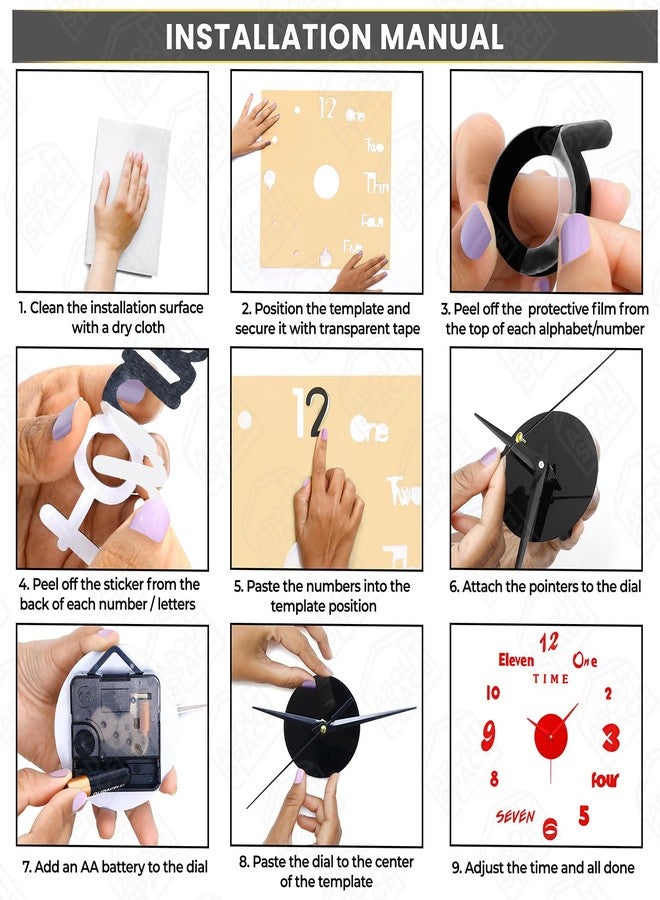 ABOUT SPACE ساعة حائط ABOUT SPACE - ساعة حائط لاصقة، بدون صوت تكتكة، بدون إطار، ساعة أكريليك تناظرية قابلة للتعديل، مناسبة لغرفة المعيشة، غرفة النوم، المكتب (أحمر - أرقام، كلمات)، 25 سم، 50 سم - Image 3